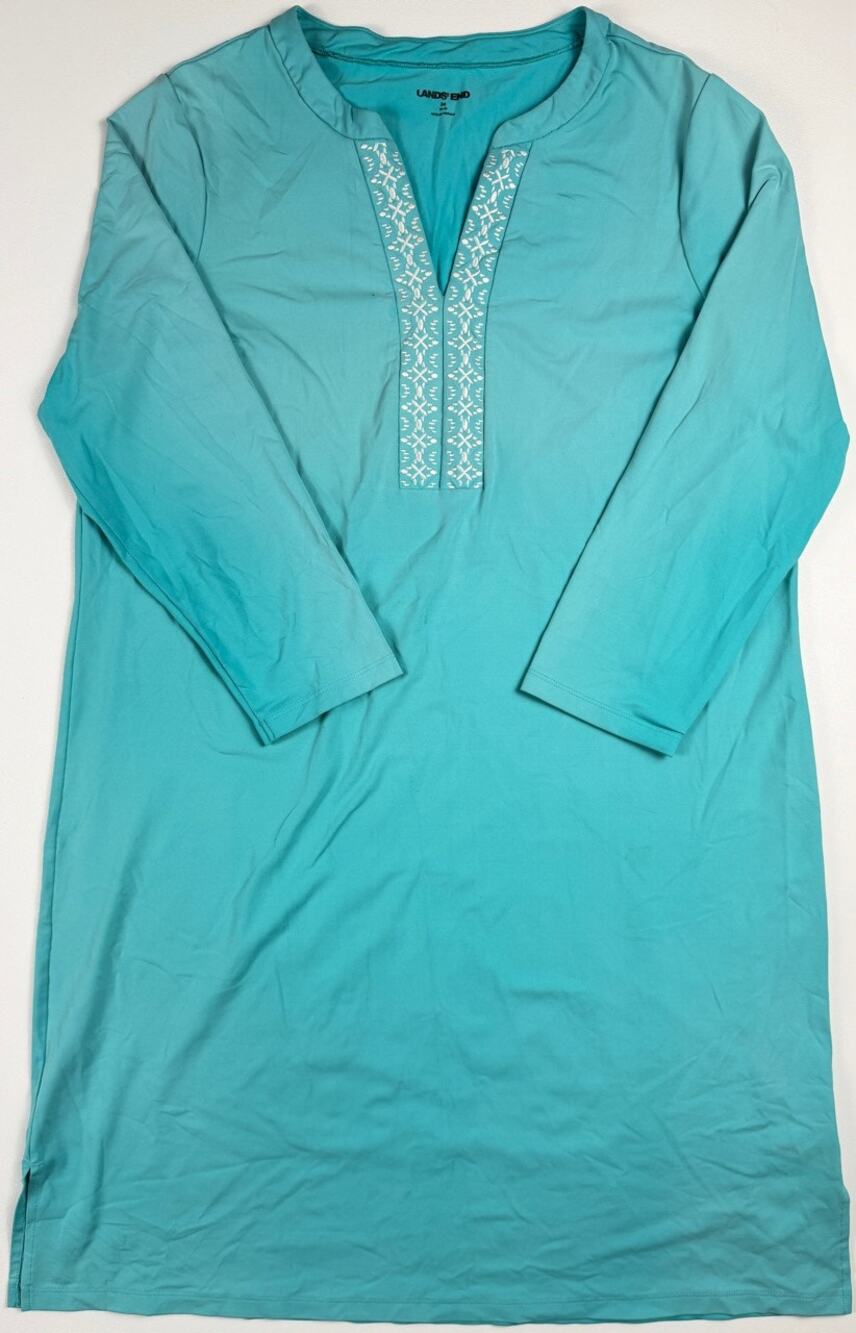 Lands' End Girls Swim Cover Up Tunic Aqua Long Sleeve Size M 10-12 Beach